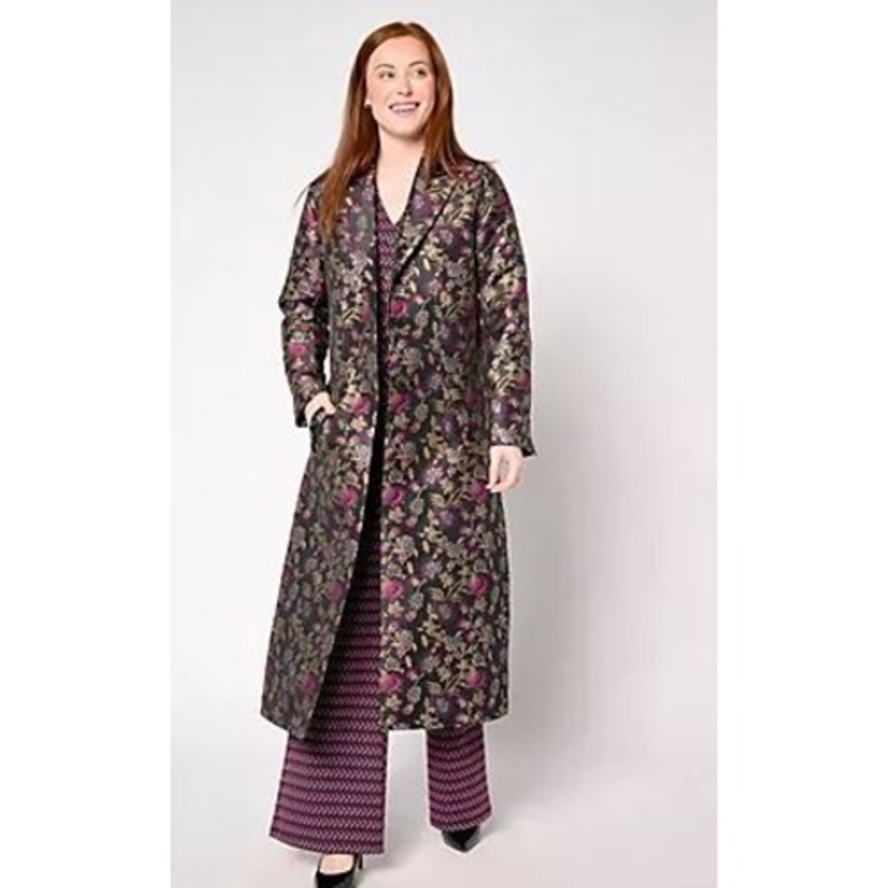 by Stacy London XL Overcoat Topcoat Black Floral Brocade Metallic Notch Collar